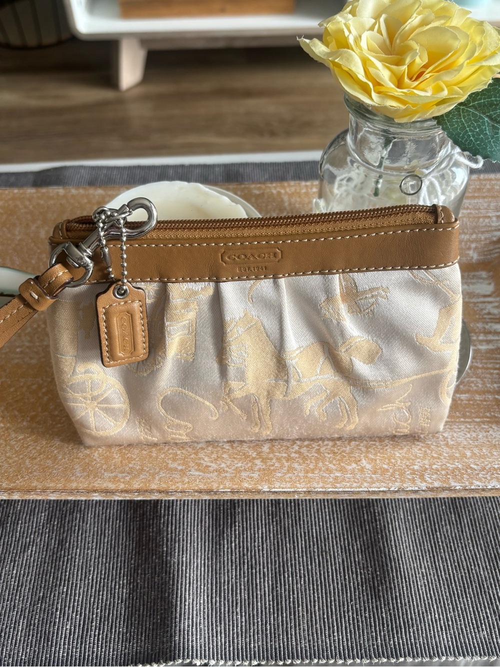 Vintage Coach Cream and Tan Signature Wristlet